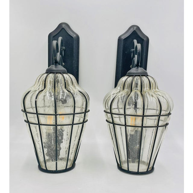Pair Murano Style Outdoor Wall Sconces Caged Glass Lanterns, March 2001 For Sale In Los Angeles - Image 6 of 18