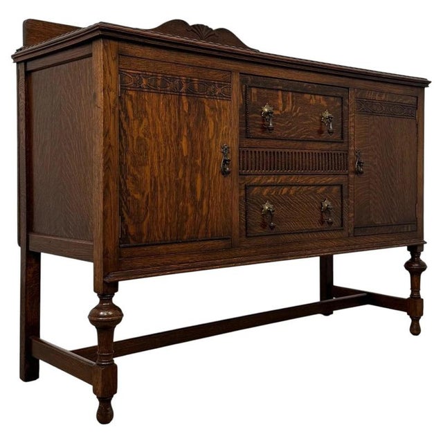 Antique English Edwardian Carved Oak Sideboard For Sale - Image 3 of 14