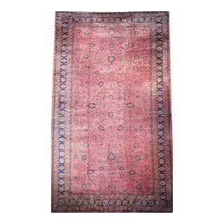 Vintage Oversize Tabriz Design Rug, Hand-Knotted Wool, Allover Geometric Pattern, Pale Red & Navy, 13x24 For Sale
