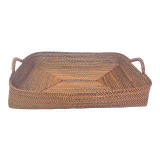 Vintage Coffee Stained Rattan Woven Tray For Sale