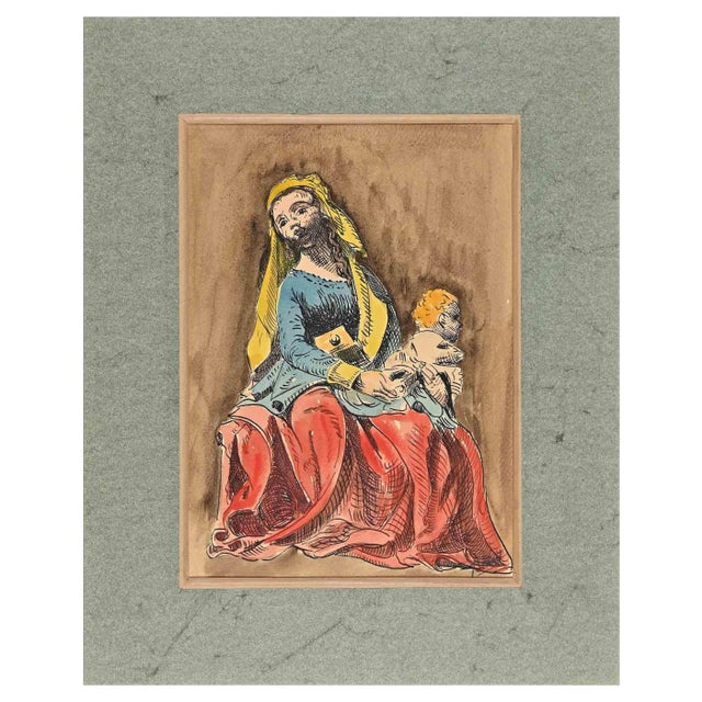 Woman with Child, Original Drawing, Mid 20th-Century For Sale