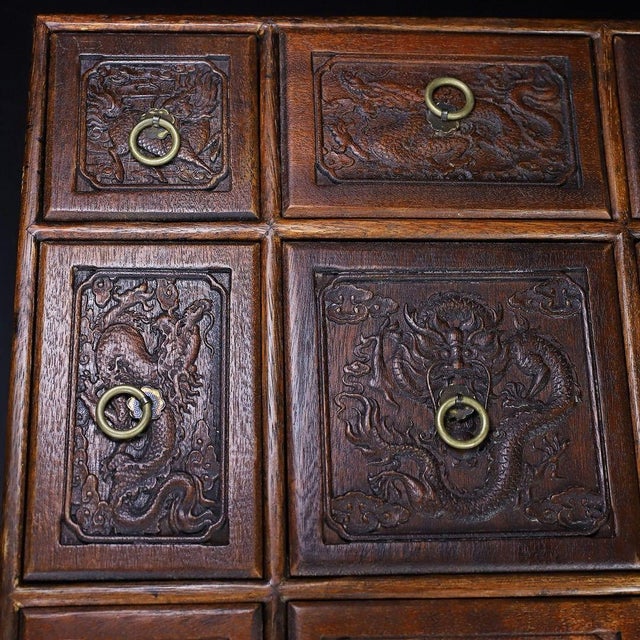 Brown Huali Rosewood Nine-Grid Treasure Box With Dragon Motif For Sale - Image 8 of 9