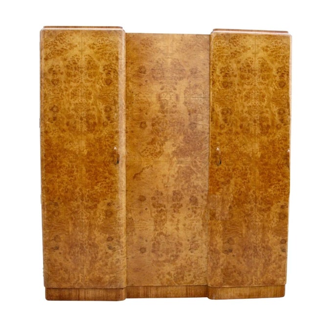 English Art Deco Blonde Walnut Triple Breakfront Wardrobe, 1930 For Sale - Image 14 of 14