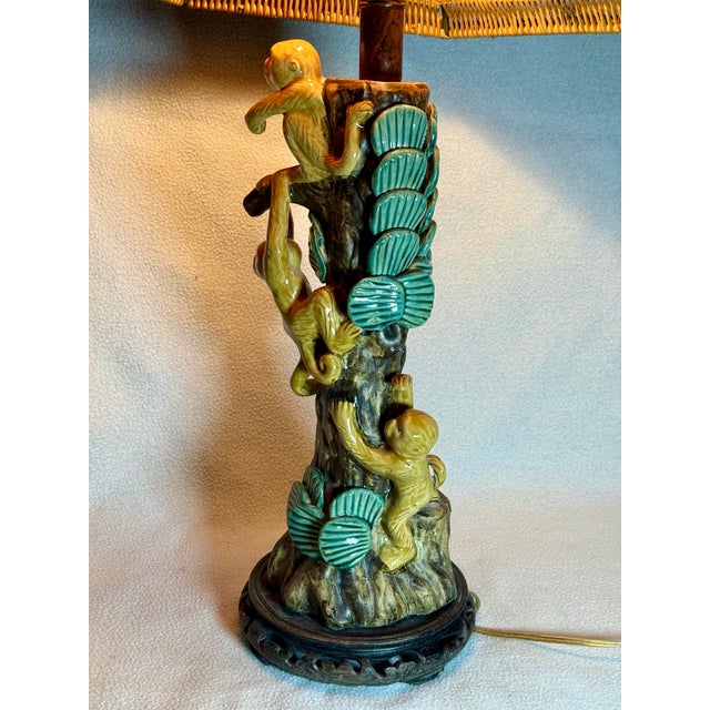 Wood Vintage Boho Majolica Glazed Monkey Table Lamp With Rattan Woven Shade – Unique Artisan Lighting For Sale - Image 7 of 12