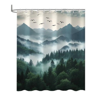 Green Mountain Forest Shower Curtain, Rustic Woodland Trees, Waterproof, 72x72 For Sale