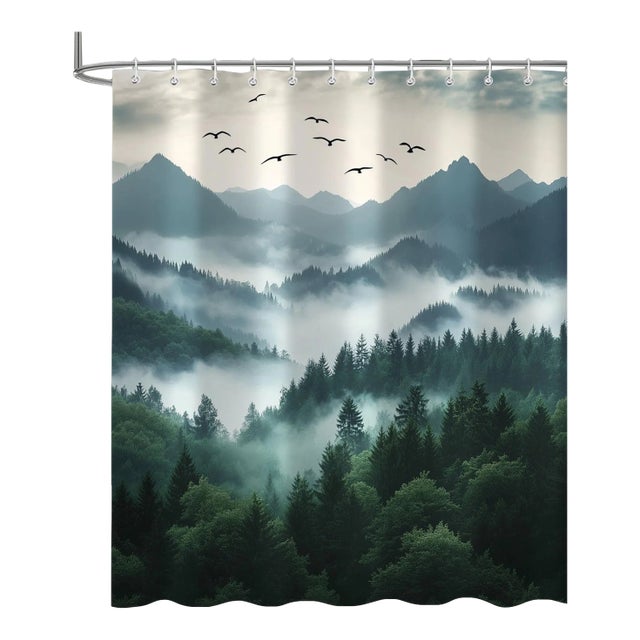 Green Mountain Forest Shower Curtain, Rustic Woodland Trees, Waterproof, 72x72 For Sale