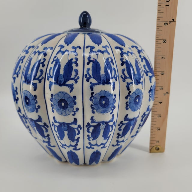Vintage Blue & White Hand-Painted Melon Ginger Jar With Carved Wood Stand For Sale - Image 13 of 15