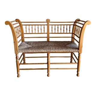 Primitive Antique Spanish Catalan Rustic Pine Bench Settee Sofa With Handwoven Rush Seats For Sale