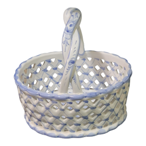 Vintage Porcelain Pierced Basket Blue & White Hand Painted Portugal