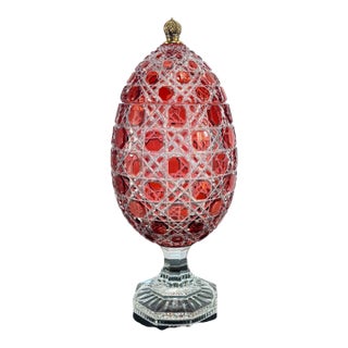 Revival Imperial Ruby Crystal Egg, Bonbonniere, Candy Dish Etched Base With "Faberge" With Original Presentation Box & Certificate For Sale