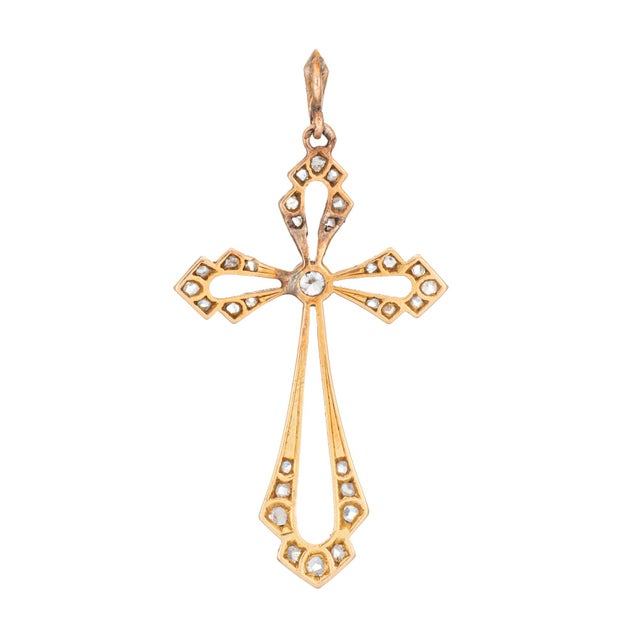 Victorian Antique Diamond Cross Pendant 18k Gold Platinum Fine Religious Jewelry For Sale - Image 3 of 4