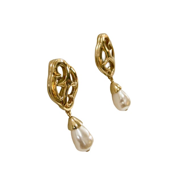 Givenchy stunning gold plated open work Modernist glass Baroque pearl dangle earrings Signed, "Givenchy, Paris, New York"'...