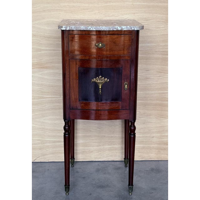 Late 19th century Art Nouveau pair of nightstands with marquetry inlays in walnut, bronze handles, restored and polished...