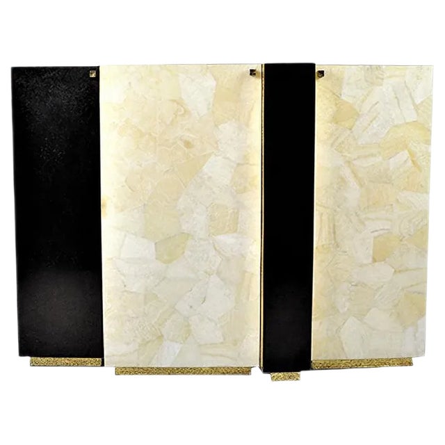 Gold Leaf Fiber Marquetry, Black Stone, Brass, and White Rock Crystal Cabinet by François-Xavier Turrou for Ginger Brown For Sale