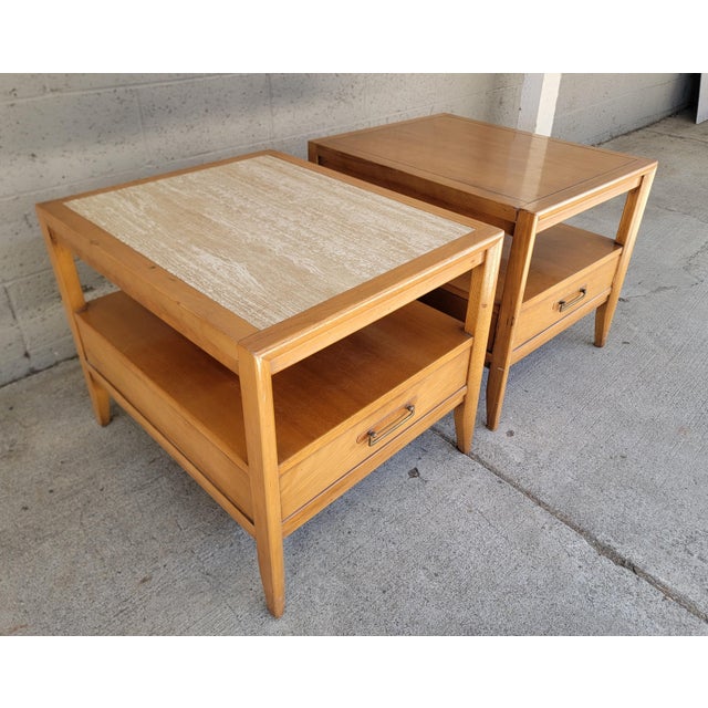 Mid-Century Modern Drexel End Tables With Travertine / Marble Top a Pair For Sale - Image 3 of 14