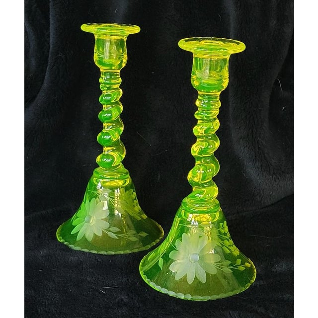 Antique Tiffin Vaseline Elegant Glass Candle Holders Candlesticks a