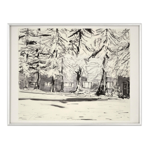 Cabin in the Woods, India Ink Forest Landscape With Redwood Trees by Michael Pauker