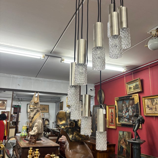 Glass Wavy Metal and Glass Adjustable Chandelier, 1970 For Sale - Image 7 of 11