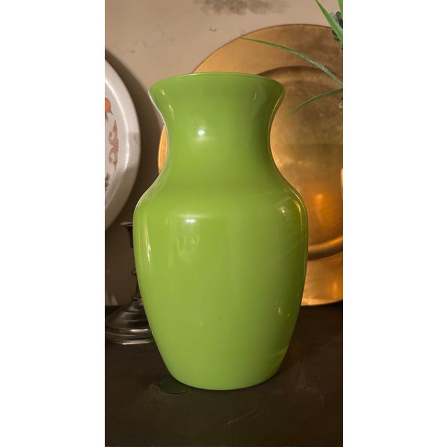 Boho Chic Vintage Chartreuse Blown Glass Vase Set For Sale - Image 3 of 6