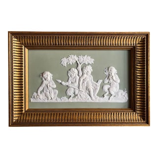 Antique 18th Century Wedgwood Sage Green Jasperware Wall Plaque of Faun-Like Putto Circa 1790 For Sale