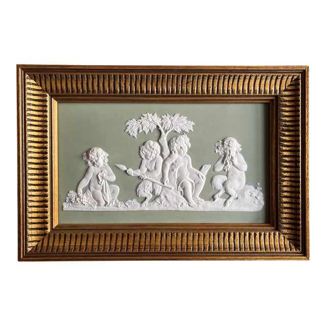Antique 18th Century Wedgwood Sage Green Jasperware Wall Plaque of Faun-Like Putto Circa 1790 For Sale