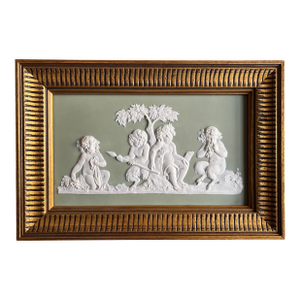 Antique 18th Century Wedgwood Sage Green Jasperware Wall Plaque of Faun-Like Putto Circa 1790
