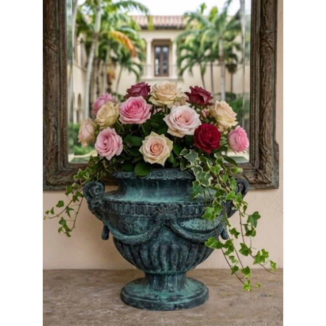 Neoclassical Classical Style Cast Iron Garden Urn With Ram's Head Handles For Sale - Image 10 of 11