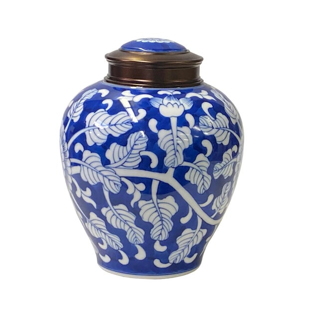 2020s Oriental Handmade Blue White Porcelain Metal Lid Container Urn For Sale - Image 5 of 5