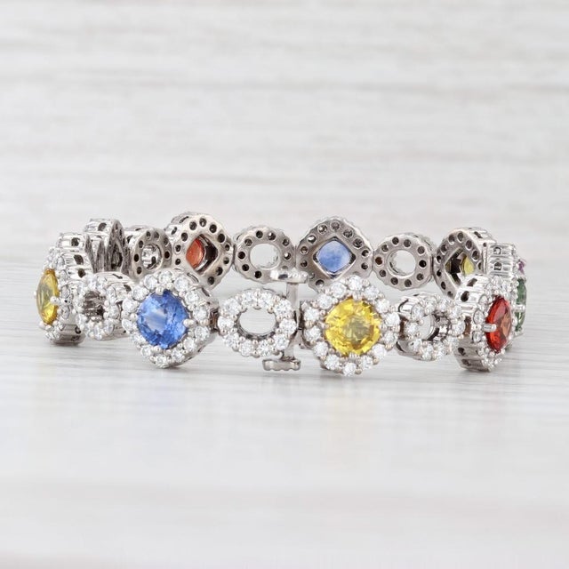 15.62ctw Multicolor Sapphire Diamond Tennis Bracelet 18k White Gold 6.75" For Sale - Image 4 of 10