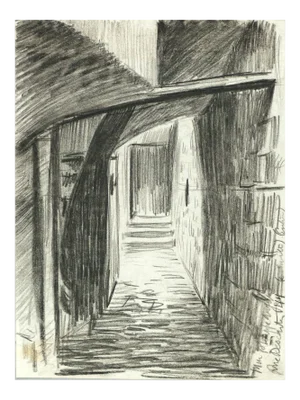 Wall of Philip Augustus - Original Charcoal Drawing by C. Heyman - Early 1900 Early 1900