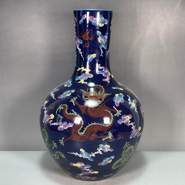 Large Chinese Dark Blue Glazed Porcelain Dragon Vase - 16" Tall For Sale In Los Angeles - Image 6 of 9