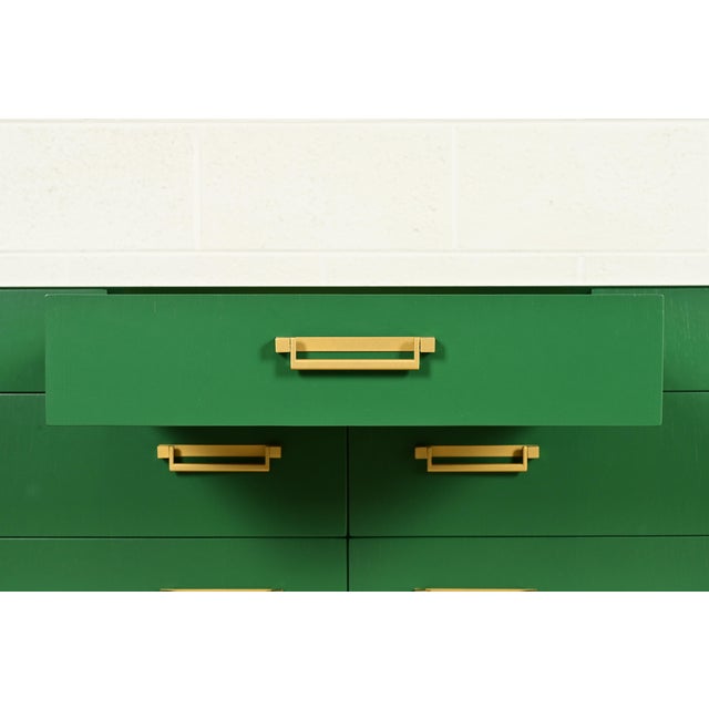 Wood Michael Taylor for Baker Furniture Mid-Century Hollywood Regency Green Lacquered Campaign Dresser, Newly Refinished For Sale - Image 7 of 15