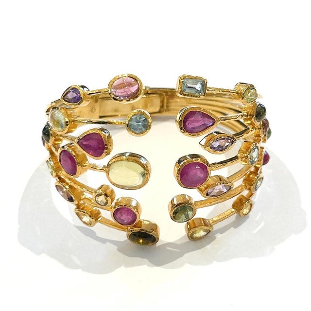 Gold Bochic “Capri” Ruby & Multi Natural Gem Cuff Set In 18K Gold & Silver For Sale - Image 8 of 12