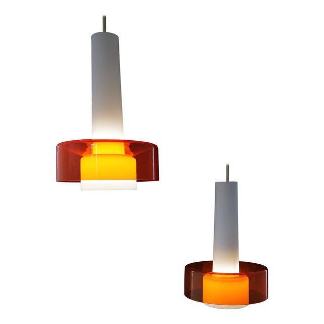 Mid 20th Century Mid-Century Opaline and Orange Glass Pendant Lights - a Pair For Sale