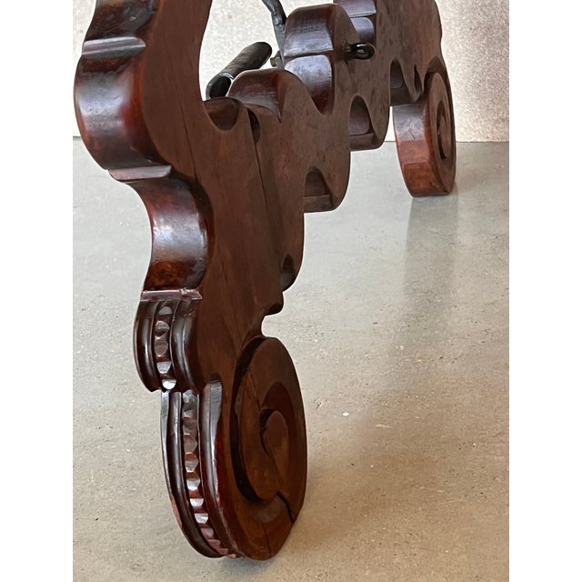 20th Century Spanish Baroque Carved Walnut Lyre Legs Trestle Dining Farm Table For Sale - Image 9 of 12