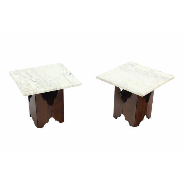 White Pair of Mid-Century Modern Walnut Base Square Marble Top End Side Tables MINT For Sale - Image 8 of 8