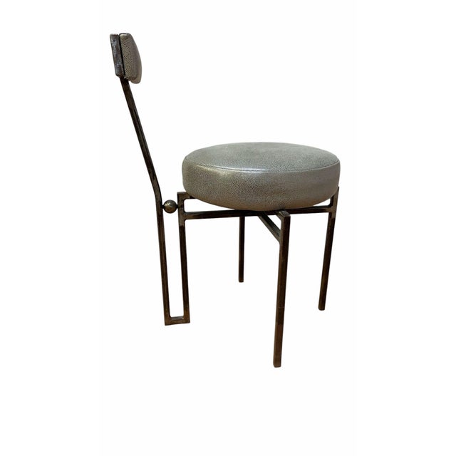 Vintage Modernist Hand Forged Iron Accent Chair Newly Reupholstered in Holly Hunt Dewpoint Leather The chair’s frame,...