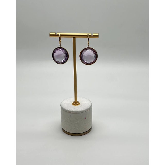 Violet Pink Amethyst Diamonds Halo Set 14k Yellow Gold Drop Unique Earrings, A Pair For Sale - Image 9 of 13
