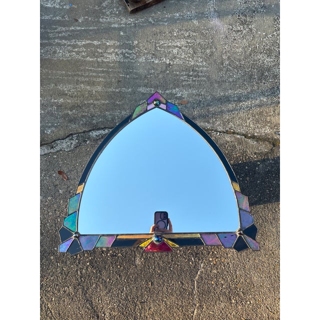 Art Deco Art Decor Iridescent Stain Glass Gothic Arched Mirror, Vintage Tiffany Inspired Mirror For Sale - Image 3 of 11