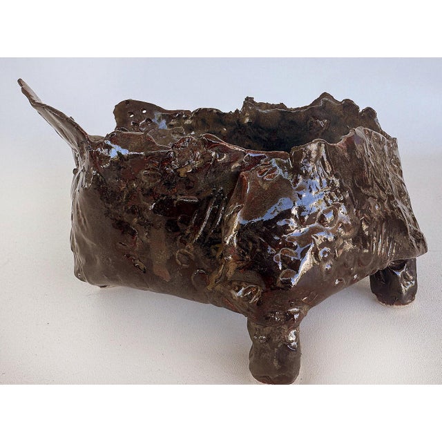 Signed Vintage Brutalist Ceramic Studio Pottery Footed Bowl Offered for sale is a hand-built rustic studio pottery glazed...