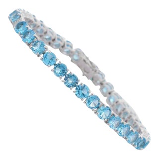 19.7ct Round Cut Blue Topaz & Diamond Classic Wedding Bracelet in 18k White Gold For Sale