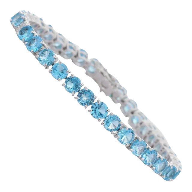 19.7ct Round Cut Blue Topaz & Diamond Classic Wedding Bracelet in 18k White Gold For Sale