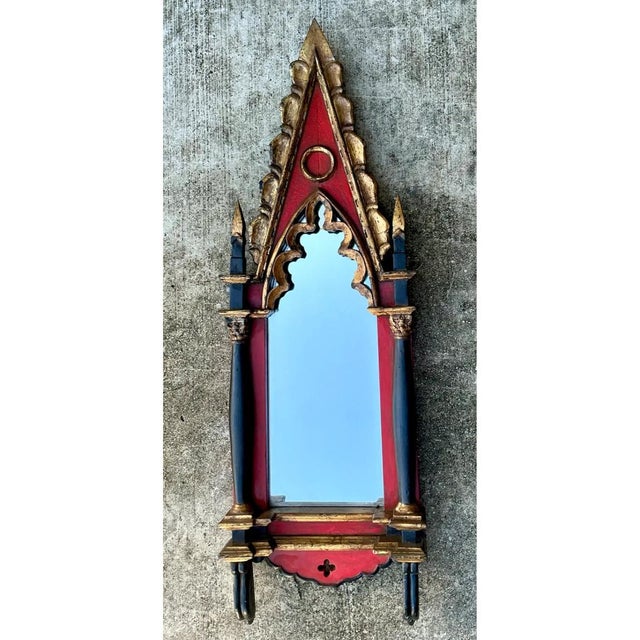 Red Vintage Gothic Revival Wood and Mirrored Glass Wall Mirror For Sale - Image 8 of 12