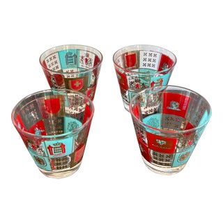 Vintage Fred Press Heraldic Lowball Glasses – Set of 4 For Sale
