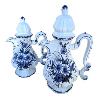 1980s Blue & White Coffee & Tea Pot Set For Sale