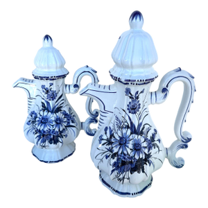 1980s Blue & White Coffee & Tea Pot Set