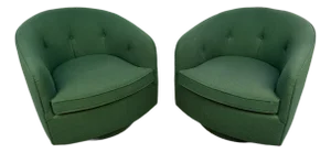 Pair of Vintage Green Barrel Back Swivel Lounge Chairs