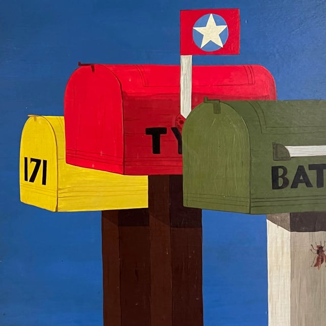 Colorful Mid-Century "Mailboxes" Oil Painting With a Bee on Board For Sale - Image 4 of 7