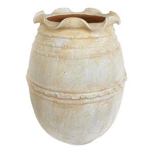 Large Balinese Scalloped Lip Unglazed Terracotta Planter, White-Washed Finish
