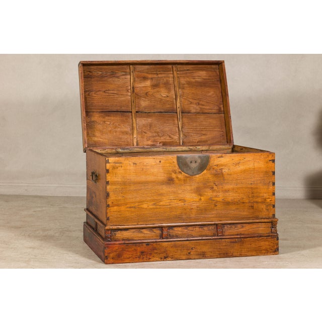 Brown 19th Century Large Late Qing Dynasty Elm Blanket Chest with Brass Hardware and Warm Patina For Sale - Image 8 of 12